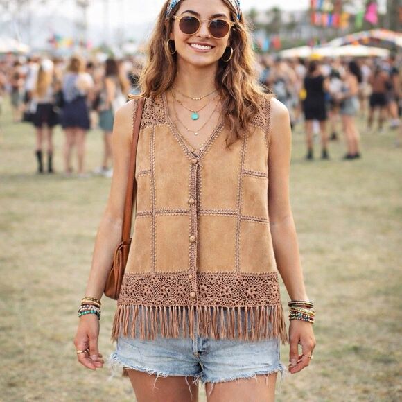 Lisa international Jackets & Blazers - VTG Lisa International Patchwork Suede Crochet Vest Button Fringe Boho Festival